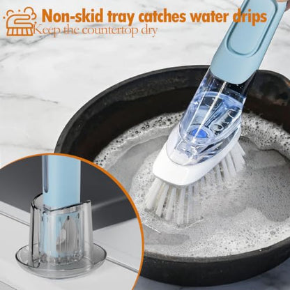 Soap Dispensing Replacement Dish Brush with 2 PCS Brush Refills & Holder | RIMAY Dispenser Scrub Cleaning Scrubber Kitchen Dishwashing Dish Wand Handle for Dishes/Pans/Pots/Sink(Blue) - color: Blue