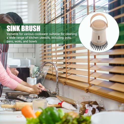 Homoyoyo Dish Scrubber with Soap Dispenser Kitchen Brush for Pots and Pans Cream Color Multi-use Liquid Dispensing Dishwasher Brush for Home Cleaning