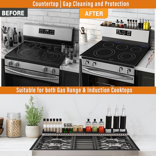 Stainless Steel Stove Gap Covers Set with Magnetic Stove Shelf,Brushes | 2-in-1 kitchen solution with adjustable gap covers and magnetic stove shelf,Brushes for organization & cleaner cooking space - color: Black