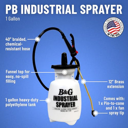 B&G PB Industrial Heavy-Duty Sprayer – 1 Gallon – Chemical Resistant Sprayer with Brass Extension & Viton Seals – Professional Janitorial & Sanitation Grade