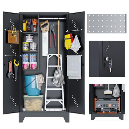 Metal Storage Cabinet, 75" Cleaning Tool Cabinet with Locking Door, Tall Storage Sheds Tool Organizer, Large Broom Cabinet for Bathroom, Laundry Room, Kitchen, Pantry, and Humid Environments - size: 75" Cabinet