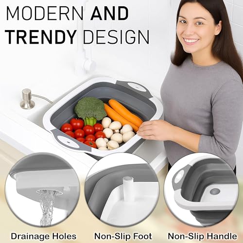 SSKT 3-in-1 Collapsible Cutting Board – Multifunctional Kitchen Sink Tub Basin with Drain, Chopping Board & Washing up Bowl – Space-Saving & Portable for Kitchen, Camping, RV, & Outdoor Use (Grey) - color: Gray
