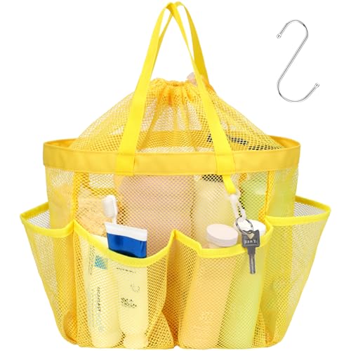 F-color Mesh Shower Caddy Portable with Drawstring - Large 8 Pockets Dorm Room Essentials for Guys Girls with S Hook, Shower Bag Basket Tote for College Camping Gym Travel Toiletry Bathroom, Yellow - color: Yellow with Drawstring, size: L (Classic Dorm Ca