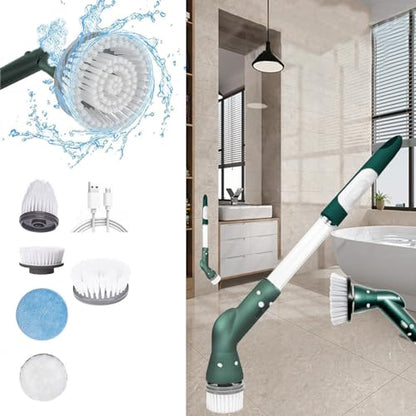 Electric Spin Scrubbers,Cordless Spin Scrubbers with 5 Replaceable Brush Heads and Adjust Extension Handle,Power Cleaning Brush for Bathroom Floor Tile, Green