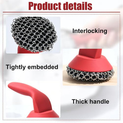 Cast Iron Cleaner, Stainless Steel Cast Iron Scrubber with Silicone Handle, Portable Kitchen Cleaning Brush for Kitchen Pots Pans Sink - color: Brown