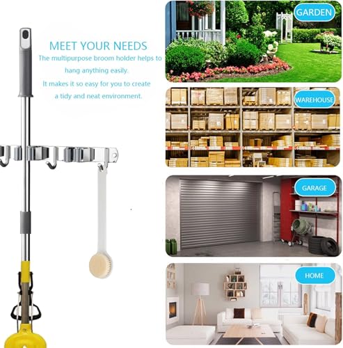 Broom and Mop Holder Wall Mounted, Broom Hanger Storage Rack, Stainless Steel Mop Hanger, Dustpan Holders with 2 Racks and 3 Hooks, Heavy Duty utility hooks for hanging brooms and mops (1Pcs)
