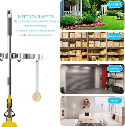 Broom and Mop Holder Wall Mounted, Broom Hanger Storage Rack, Stainless Steel Mop Hanger, Dustpan Holders with 2 Racks and 3 Hooks, Heavy Duty utility hooks for hanging brooms and mops (1Pcs)