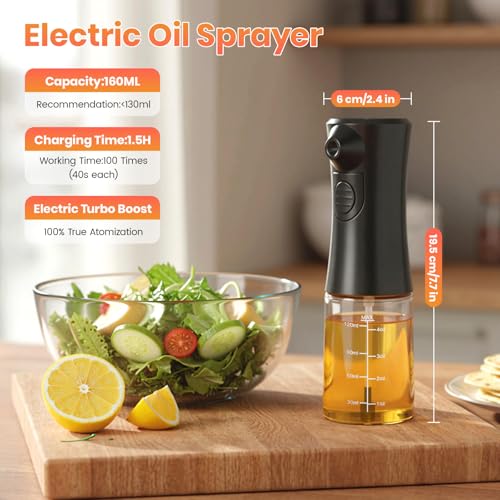 Electric Oil Sprayer for Cooking, Rechargeable Glass Olive Oil Mister, Battery Powered Continuous Fine Mist Spray Bottle for Air Fryer, Salad, BBQ, Kitchen - Uniform Spraying, Leak-Proof