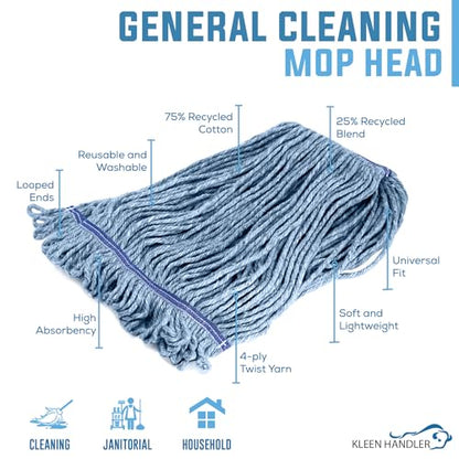 KLEEN HANDLER HEAVY DUTY Commercial Mop Head Replacement, Wet Industrial Blue Cotton Looped End String Cleaning Mop Head Refill (Pack of 6) - size: 6 Count