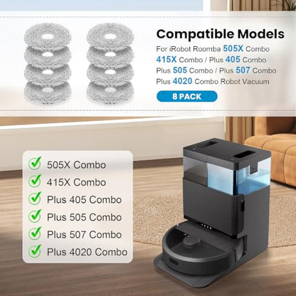 8 Pack Replacement Mop Pads Compatible with iRobot Roomba 505X Combo/415X Combo, Plus 405 Combo/505 Combo/507 Combo/4020 Combo Robot Vacuum Cleaners, Reusable & Washable Microfiber Mop Cloth Refill - size: 405 Combo Mop Pad