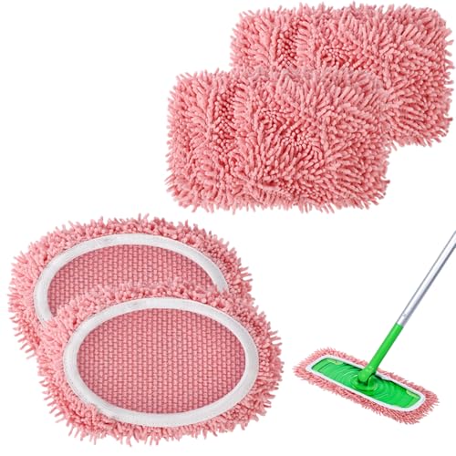 4Pcs Reusable Microfiber Mop Pads Compatible with Swiffer Sweeper，Dry Sweeping Cloths & Wet Mopping Cloths Washable Wet Pads for Hardwood Surface Floor Cleaning - color: Pink- 4pcs Chenille Mop