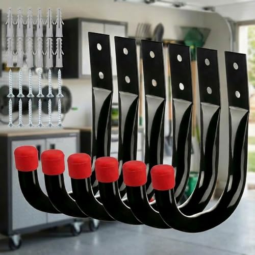 Heavy Duty Metal Wall Hooks 6 Pack, Large 3.5" Utility J Hooks for Garage Organization and Storage, Wall Mount Hangers for Extension Cords Tools Coats Backpacks and Bags, Indoor Outdoor Use, Red - color: Red