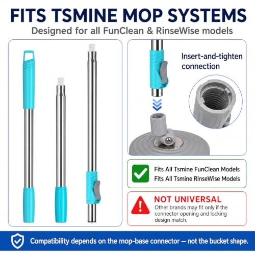 RinseWise Spin Mop Replacement Handle Only, 3-Section Stainless Steel Pole with 35/49/61 in Length Options, Fits All Tsmine FunClean Models, Not Universal, No Mop Head, Base or Bucket- Blue - color: Blue
