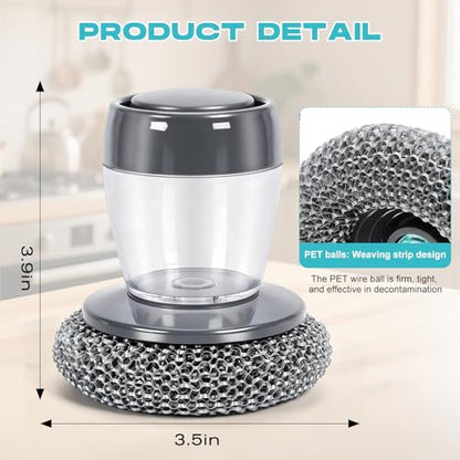 2026 New Soap Dispensing Dish Brush,Comfort Grip Soap Dispensing Kitchen Scrub,Built-in Liquid Dispenser, with Replaceable Nylon/Wire Bristles for One-Hand Use (4 Steel Wire Brush + 2 Accessories)