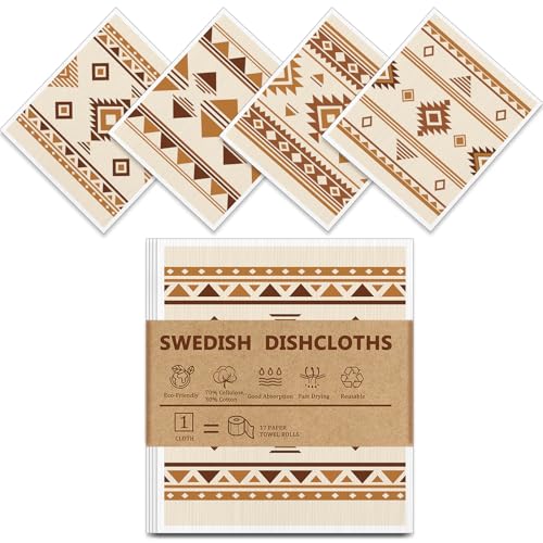 Swedish Dishcloths for Kitchen - 4 Pack Western Aztec Vintage Themed Reusable Paper Towels, Non-Scratch Cellulose Cloths, No Odor, Biodegradable Cleaning Cloths - color: Western Aztec - 1