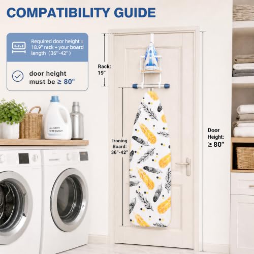 ORLESS Ironing Board Hanger Over Door & Wall Mount, White | 2 in 1 Heavy Duty Iron Board Holder with Storage Basket, Fits T/Y Boards, Laundry Room Space Saver - color: White Iron Natural Wood