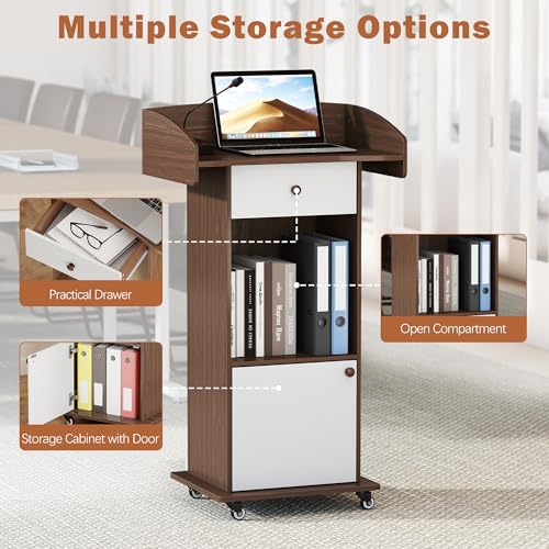 Podium Stand with Metal Wheels Wooden Lectern Podium Stand Portable Pulpit Standing with Storage Mobile Reception Podiums for Church Office School Conference Restaurant Meeting,Brown+Black - color: Brown& White