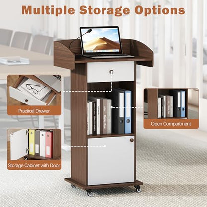 Podium Stand with Metal Wheels Wooden Lectern Podium Stand Portable Pulpit Standing with Storage Mobile Reception Podiums for Church Office School Conference Restaurant Meeting,Brown+Black - color: Brown& White