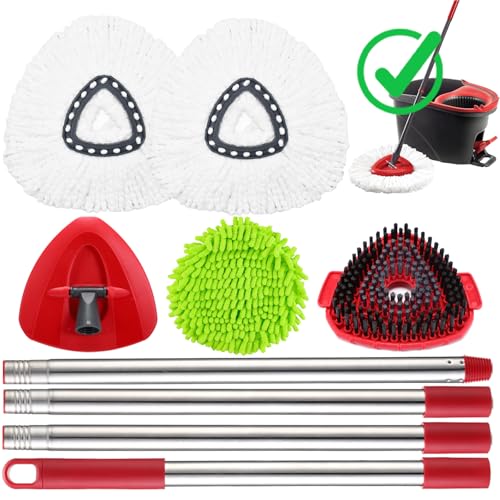 Replacement Head Spin Mop Refills Compatible with O Cedar EasyWring 1-Tank (1 Mop Handle & 3 Mop Head & 1 Scrubber & 1 Base) - size: 1 Mop Handle & 3 Mop Head & 1 Scrubber & 1 Base