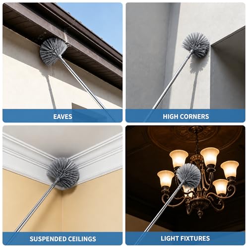 Cobweb Duster with Extension Pole, Upgraded Heavy Duty Thickened Stainless Steel Telescopic Handle for High Ceilings & Ceiling Fans, 90" Total Reach (15.7" Compact), Medium Stiff Bristles (Grey) - color: Gray