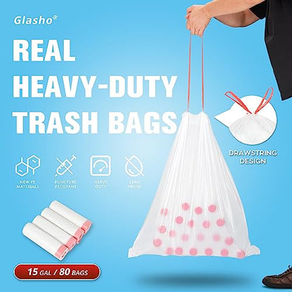 Ultra Thick Heavy Duty Plastic 15 Gallon Drawstring Trash Bags Large 80 Count White Leak Proof Garbage Bags for Tall Kitchen Home Office Outdoor - size: 1 Count (Pack of 80)