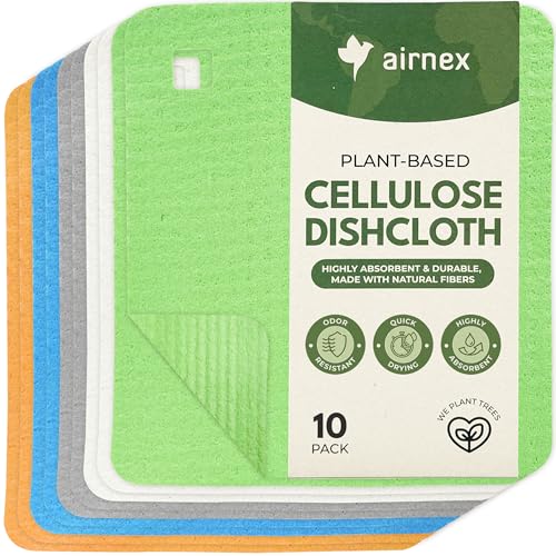AIRNEX 10 Pack Cellulose Swedish Dishcloths for Kitchen - Eco-Conscious Reusable Dish Towels & Cloths - Super Absorbent, Odor Resistant and Fast Drying Wash Cloths for Dishes & Surfaces - size: 10 Pack