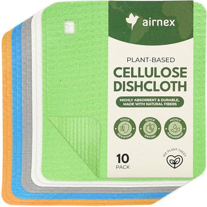 AIRNEX 10 Pack Cellulose Swedish Dishcloths for Kitchen - Eco-Conscious Reusable Dish Towels & Cloths - Super Absorbent, Odor Resistant and Fast Drying Wash Cloths for Dishes & Surfaces - size: 10 Pack