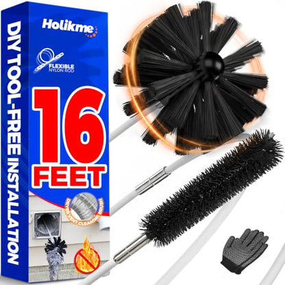 Holikme 16 Feet Dryer Vent Cleaner Kit, Lint Remover,Fireplace Chimney Brushes, Extends Up to 16 Feet, Synthetic Brush Head, Use with or Without a Power Drill