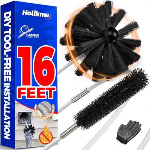 Holikme 16 Feet Dryer Vent Cleaner Kit, Lint Remover,Fireplace Chimney Brushes, Extends Up to 16 Feet, Synthetic Brush Head, Use with or Without a Power Drill