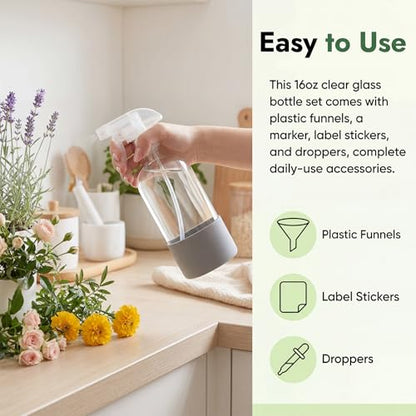 GIRAVO Glass Spray Bottles for Cleaning, 12 Pack 16 oz Refillable | Glass Mister Bottles, Silicone Sleeves, Adjustable Nozzles, Labels & Funnel Included, For Home, Plants, Hair