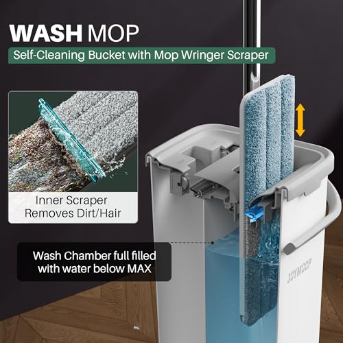 JOYMOOP Mop and Bucket Set, Dust Mops for Floor Cleaning, Wall Mop with 2 Microfiber Mop Head Replacement - size: Bucket #22 - 50" Mop + 2 Grey Mop Pads