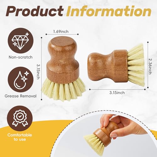 DEBETOOL 3-Pack Wooden Dish Brush - Natural Dish Scrubber & Vegetable Brush with Sisal Bristles, Kitchen Scrub Brush for Pots Pans & Vegetables