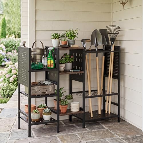 Goplus Garden Tool Organizer with Wooden Shelves, 40” Wide 3-Tier Yard Freestanding Storage Rack Holds up to 66 Long Handled Shovels, Rakes & Brooms, Heavy-Duty Tool Holder for Garage, Shed & Lawn
