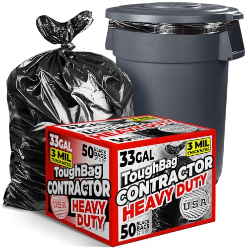ToughBag 30-33 Gallon Trash Bags Heavy Duty (50 COUNT) 3 Mil Contractor Trash Bags – Heavy Duty Black Contractor Can Liners - Made In USA - size: 50 Count (Pack of 1)