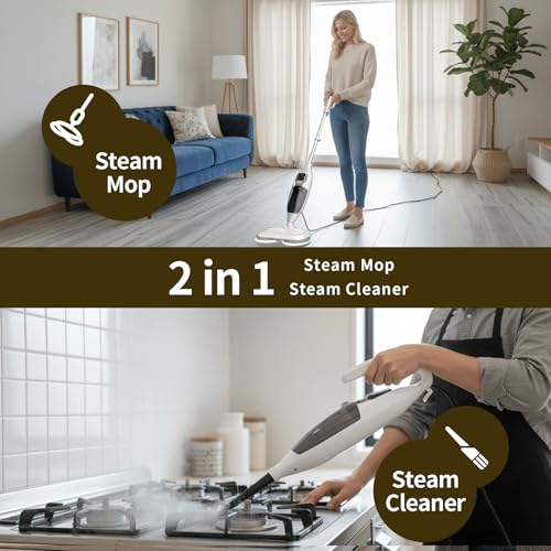 PUREBEAR Steam Mop Cleaner For Home With 4 Replacement Pads, 3 Adjustable Steam Setting, MultiPurpose Handheld Steamer Cleaning for Hardwood Floors, Clothes,Windows,Tiles, Grout (White)