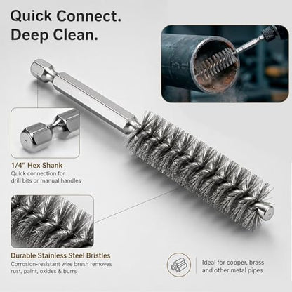 1/2" & 3/4" Copper Pipe Cleaner Set for Drill,Plumbing Tools for Removing Rust, Stains & Paint from Copper & Metal Pipes, with 1/4" Hex Shank & 6 Brush Blades & 2 Pipe Cleaning Brush