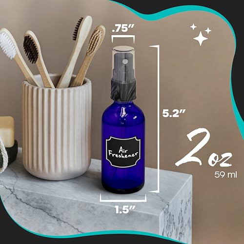 Nevlers Small Spray Bottle 2 Oz 48 Pack Blue Glass Spritzer Bottles | Mini Spray Bottle Mist Set w/ Labels, Marker, Funnel, Brush & Shrink Wrap | 2oz Glass Bottles for Oils, Scents & Travel Use - color: Blue, style: 48 Pack