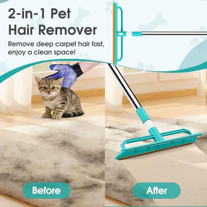 2-in-1 Carpet Rake for Pet Hair Removal, Silicone & Metal Dual-Sided Carpet Rake with 52” Telescopic Adjustable Long Handle, Pet Hair Remover Tool Kit for Rugs/Mats/Sofa Cat Dog Hair