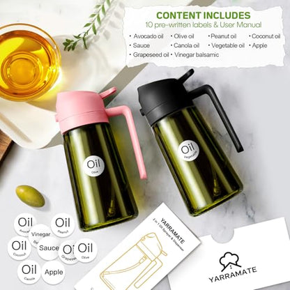 YARRAMATE 16oz/470ml Dark Green Oil Sprayer for Cooking with Stickers, Food-grade Premium 2 in 1 Olive Oil Dispenser Bottle for Kitchen Gadgets, Air Fryer, Salad, Frying, BBQ (Pink) - color: 07_Pink