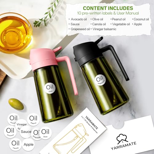 YARRAMATE 2Pcs 16oz/470ml Dark Green Oil Sprayer for Cooking with Stickers, Food-grade Premium 2 in 1 Olive Oil Dispenser Bottle for Kitchen Gadgets, Air Fryer, Salad, Frying, BBQ (Pink&Black) - color: 16_2Pcs Black&Pink