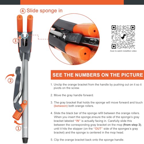 Sponge Mops for Floor Cleaning with 2 Cellulose Mop Head Refills and 55” Long Handle, Heavy Duty Roller Mop, Easy Self Squeeze for Hard Wood Tile Concrete Bathroom or Kitchen Floor Wall Ceiling