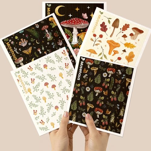 5 Pack Swedish Dishcloths - Reusable Dish Cloths for Kitchen 5 PCS Non-Scratch Absorbent Compostable Whimsical Floral Patterned Swedish Sponge Cloths for Cleaning, Mushroom - color: Mushroom