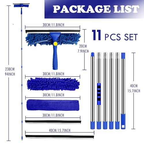 Window Cleaner Squeegee Kit - 2.38M (94inch) Cleaning Equipment with Long Handle 3 in 1 Extendable Window Cleaning Tool for High Windows, Glass, Home, Wall and Car