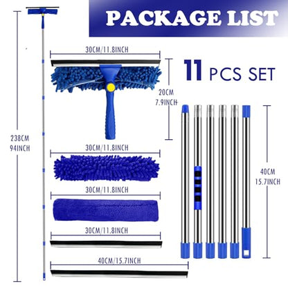 Window Cleaner Squeegee Kit - 2.38M (94inch) Cleaning Equipment with Long Handle 3 in 1 Extendable Window Cleaning Tool for High Windows, Glass, Home, Wall and Car