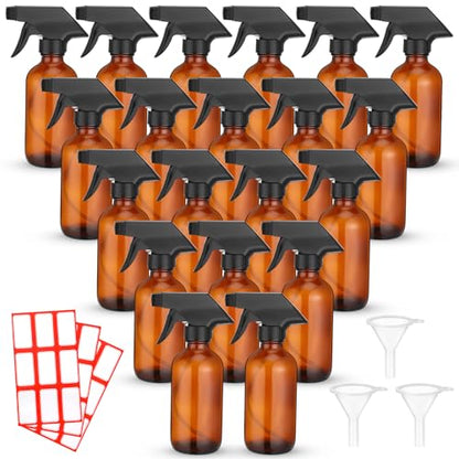 Norme 24 Pcs Glass Spray Bottles with Funnels and Labels 8 oz Refillable Cosmetic Empty Spray Containers with Trigger Squirt Containers for Essential Oil Cleaning Solutions(Brown) - color: Brown