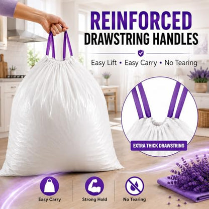 13 Gallon Tall Kitchen Trash Bags, 200 Count Lavender Scented | Drawstring Closure Odor Control Leak Resistant Tear Resistant Easy Tie Handles