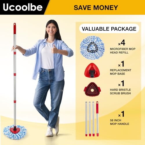 Spin Mop Replacement Head for O Cedar 2 Tank RinseClean, 4 Microfiber mop Refill, 1 Scrub Brush, 1 Mop Stick, 1 Mops Base, Deep Cleaning, 30" to 58" Mop Handle Replacement - size: 4+3 Mop Set(2 Tanks System)