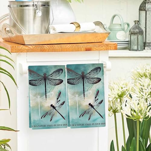 Turquoise Dragonfly Kitchen Towels Set of 2, Ultra Absorbent Dish Towels Quick Drying Microfiber Hand Towel Decorative Country Gradient Black Animals Tea Towel Dishcloths for Kitchen Cleaning 18"x28" - size: 2 Pack