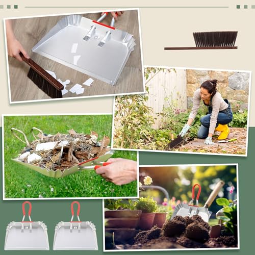 Pasimy 2 Pack 17" Metal Dust Pan and Brush Set, Large Heavy Duty Handheld Industrial Dustpan with Handle Debris Sweeping Tool Metal Edge Flat Against Floor for Outdoor Patio Yard Garage(Sliver) - color: Sliver