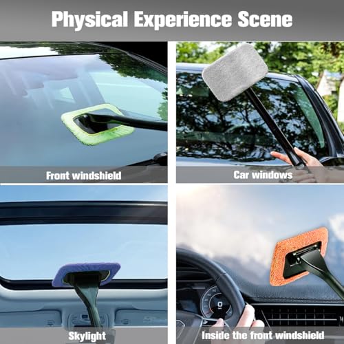 Car Windshield Cleaning Tool, Vehicle Window Wash Brush with 4 Washable and Reusable Microfiber Pads, Extendable Handle Automotive Glass Wiper Cleaning Kit, Universal Fit